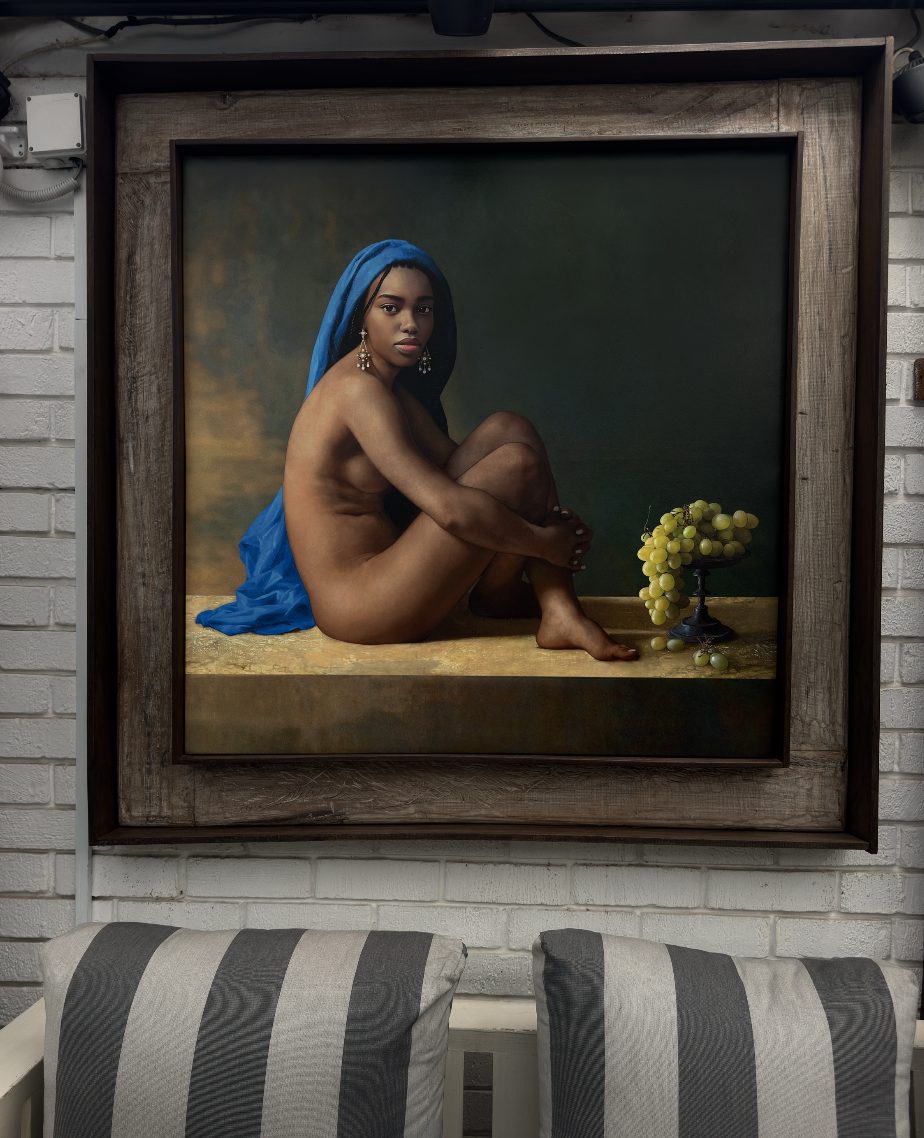 Seated nude with a blue veil and grapes, in a reclaimed wood frame