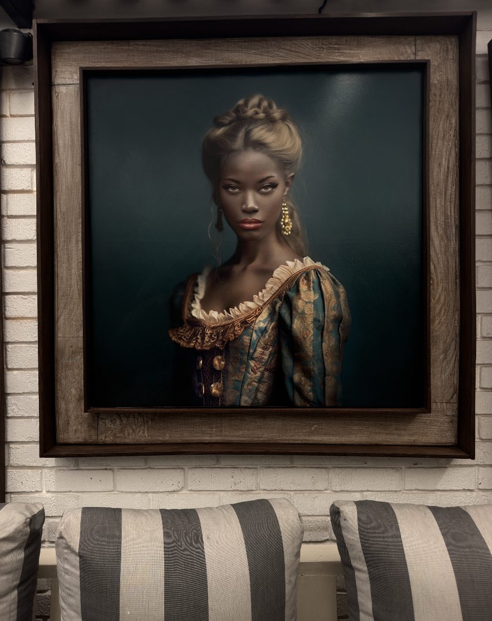Portrait of a woman in a baroque gown on a white brick wall