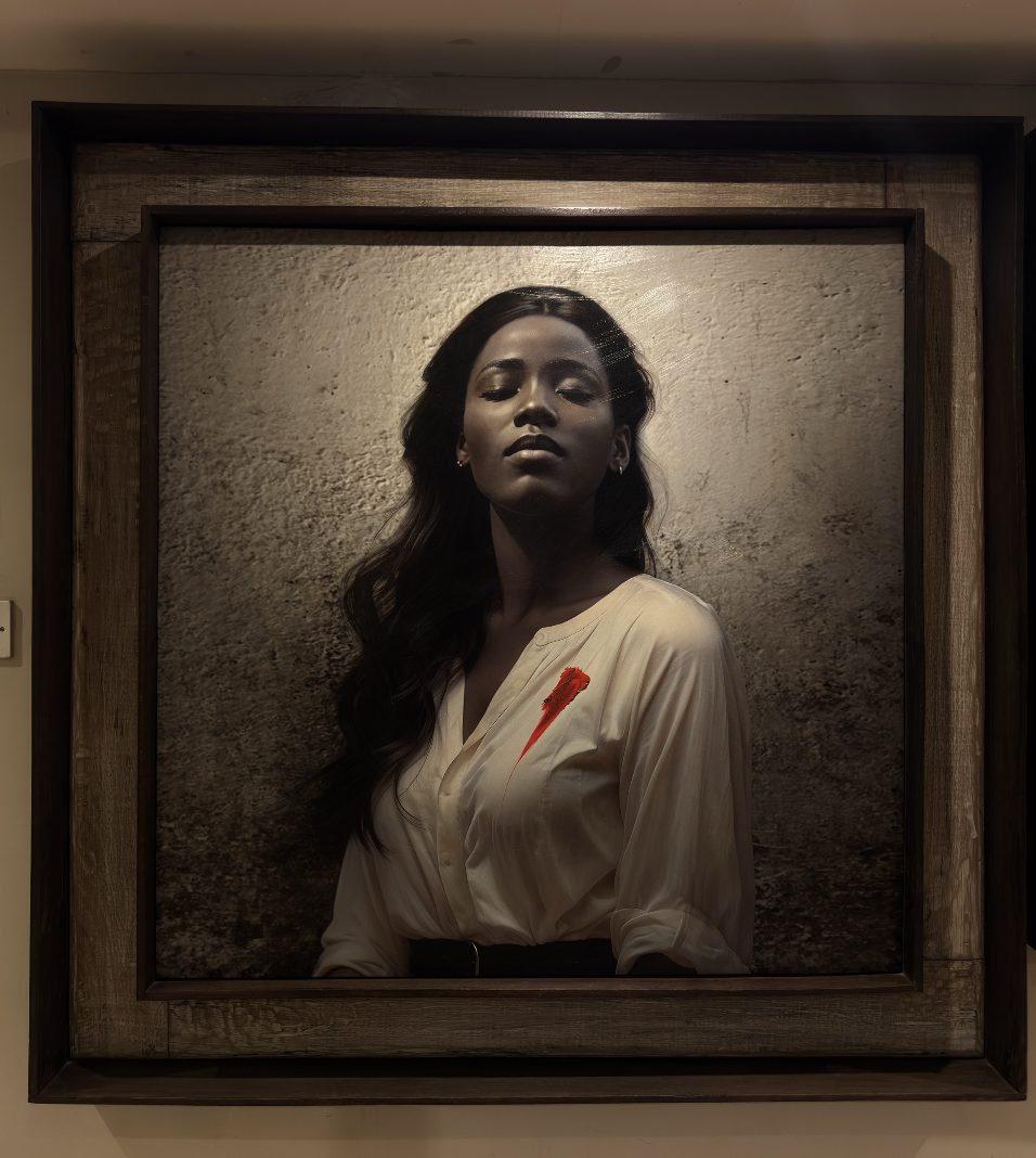 Woman with closed eyes and a red brushstroke on her shirt
